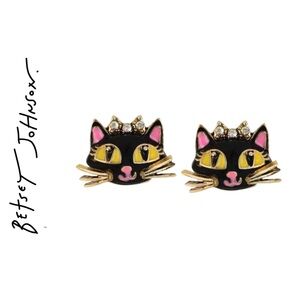 Betsey Johnson Tutu Cat Antique Gold Stud Earrings Black Crystal NWT